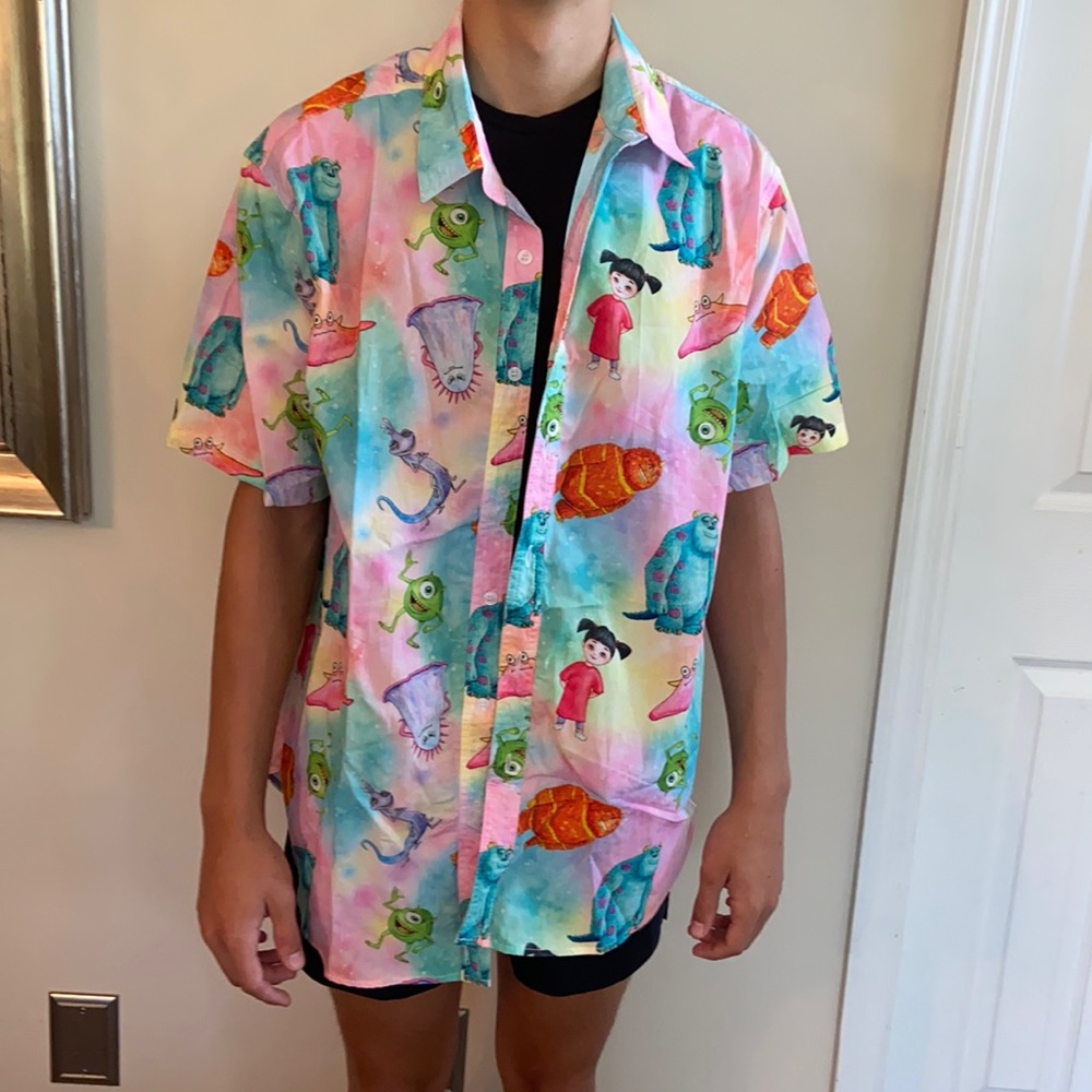 Men’s Monsters Inc themed short sleeve button up shirt.